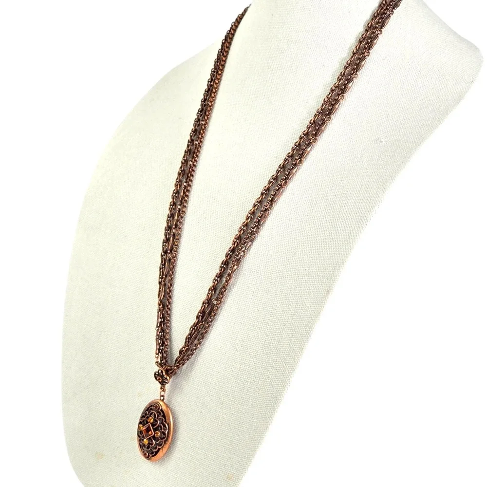 1928 Jewelery Co Copper Rinestone Picture Locket Necklace Victorian NWOT Vintage